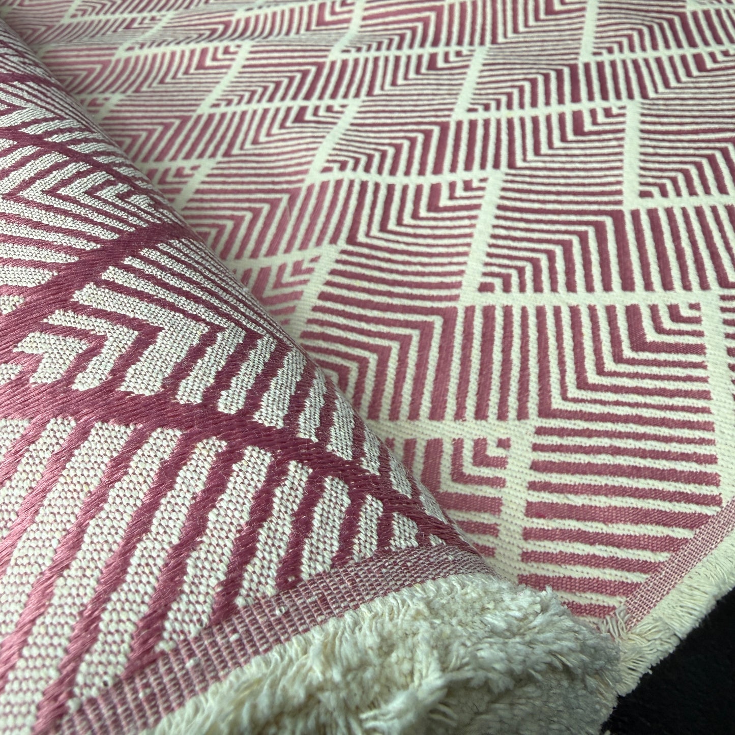 The Nordic Chevron Collection - Jacquard Tapestry in Petal Pink, showcasing a modern geometric pattern with textured hand feel, perfect for bags and home decor.