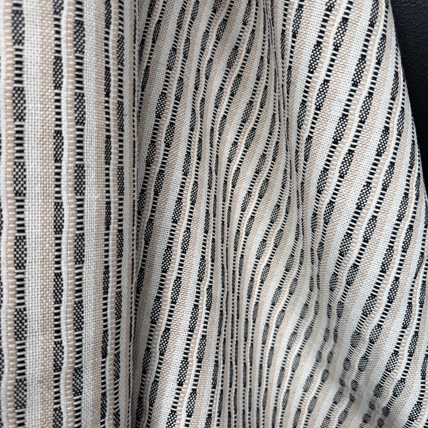 The Heritage Stripe Collection Jacquard Tapestry in Light Fawn and Black, showcasing its textured hand-loomed design, ideal for upholstery and home decor projects.