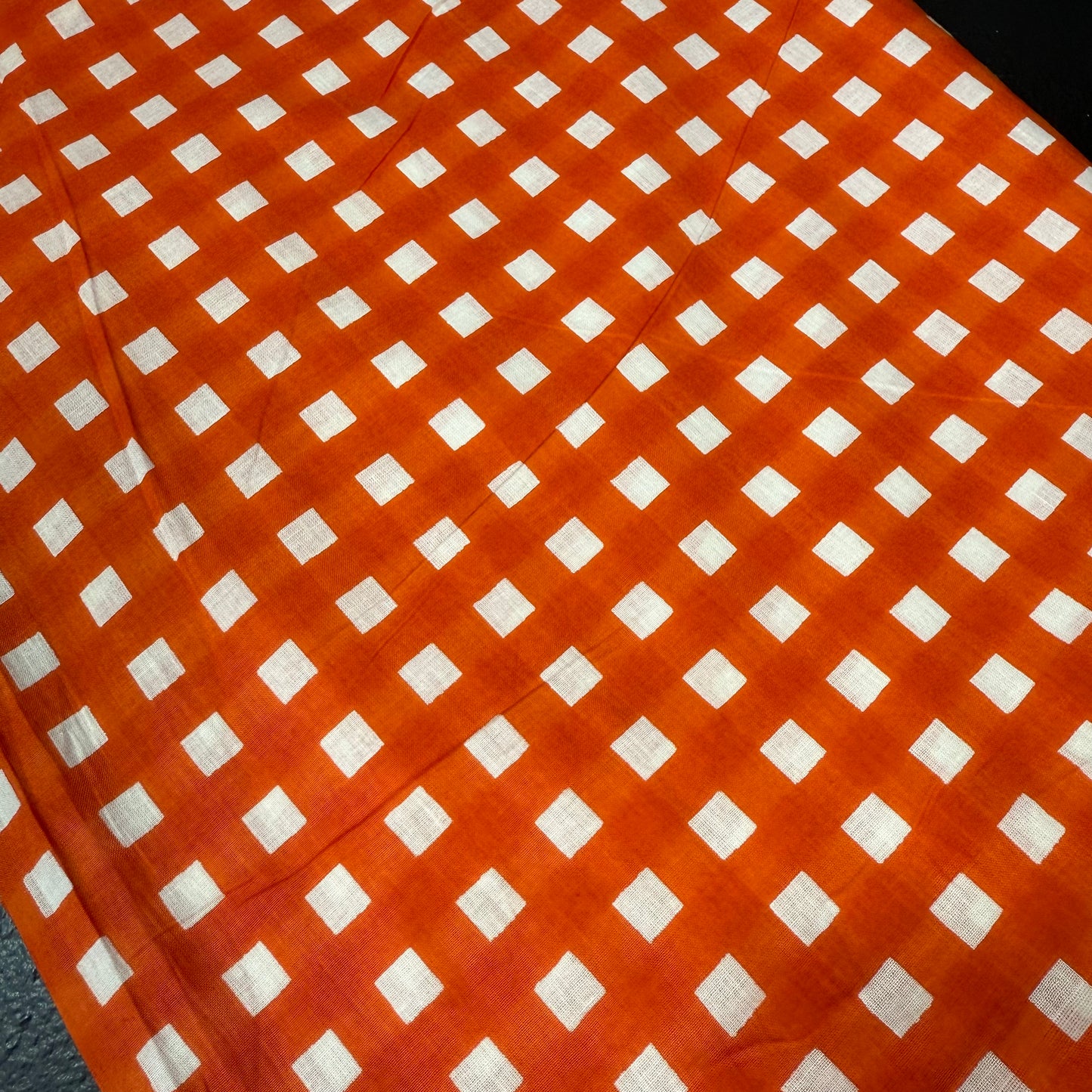 Retro Gingham Tangerine - Bagru Indian Cotton Screen Print