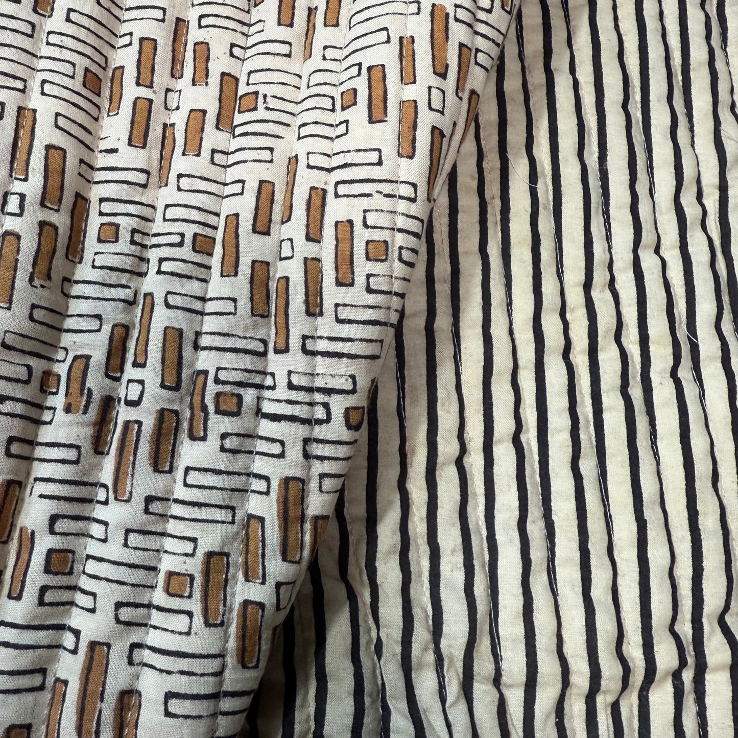 Golden Maze +Charcoal Stripe - Quilted Bagru Indian Cotton Block Print (Reversible)