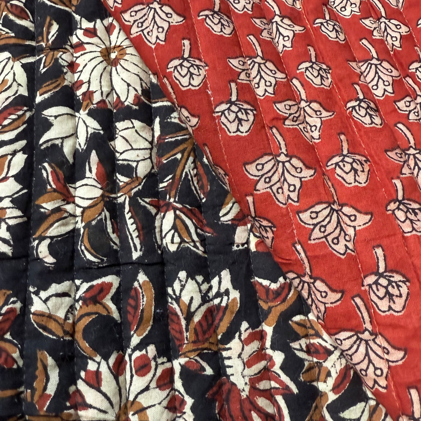 Rust Bloom Drop + Ebony Blossom Vine - Quilted Bagru Indian Cotton Block Print (Reversible)