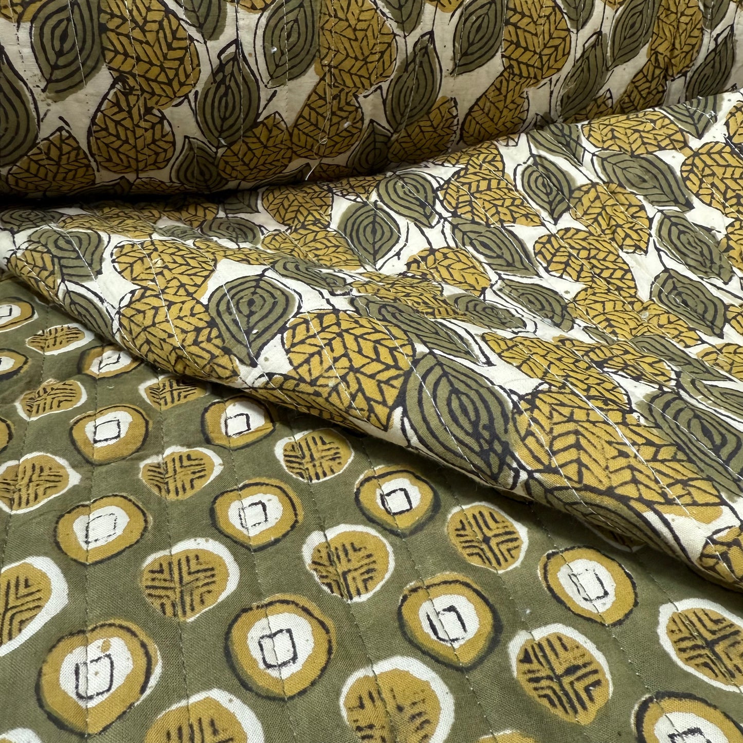Desert Tokens Moss + Earth Canopy - Quilted Bagru Indian Cotton Block Print (Reversible)