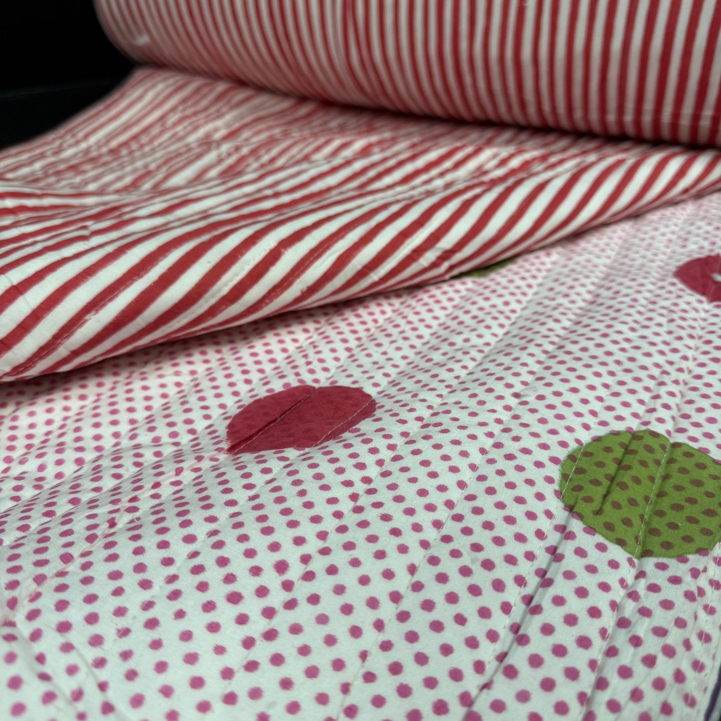 Candy Pop Dots + Vintage Rosewood Stripe - Quilted Bagru Indian Cotton Block Print (Reversible) - Simplifi Fabric