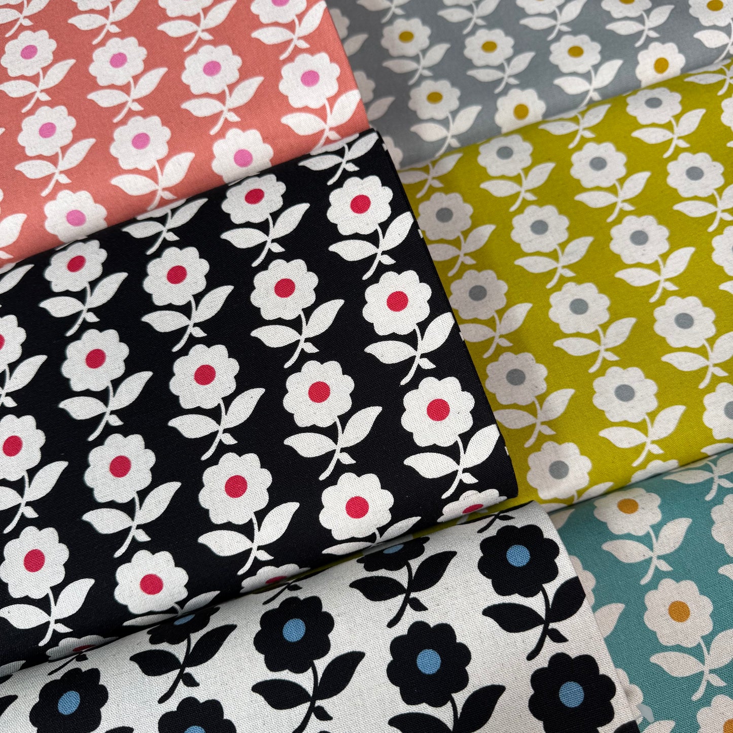 Flowers Cotton-Linen Canvas - Japanese Import - Natural/Dusty Blue/Black