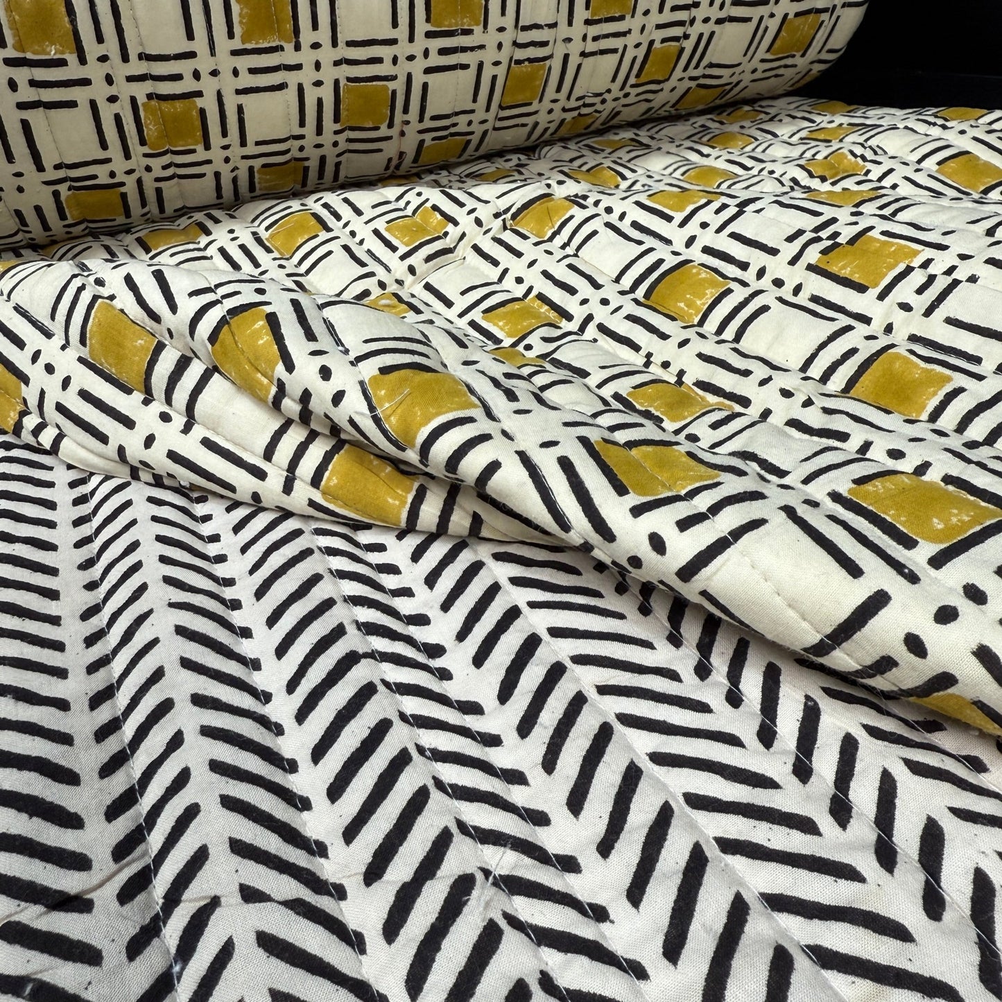 Modern Blockwork + Boho Herringbone - Quilted Bagru Indian Cotton Block Print (Reversible) - Simplifi Fabric