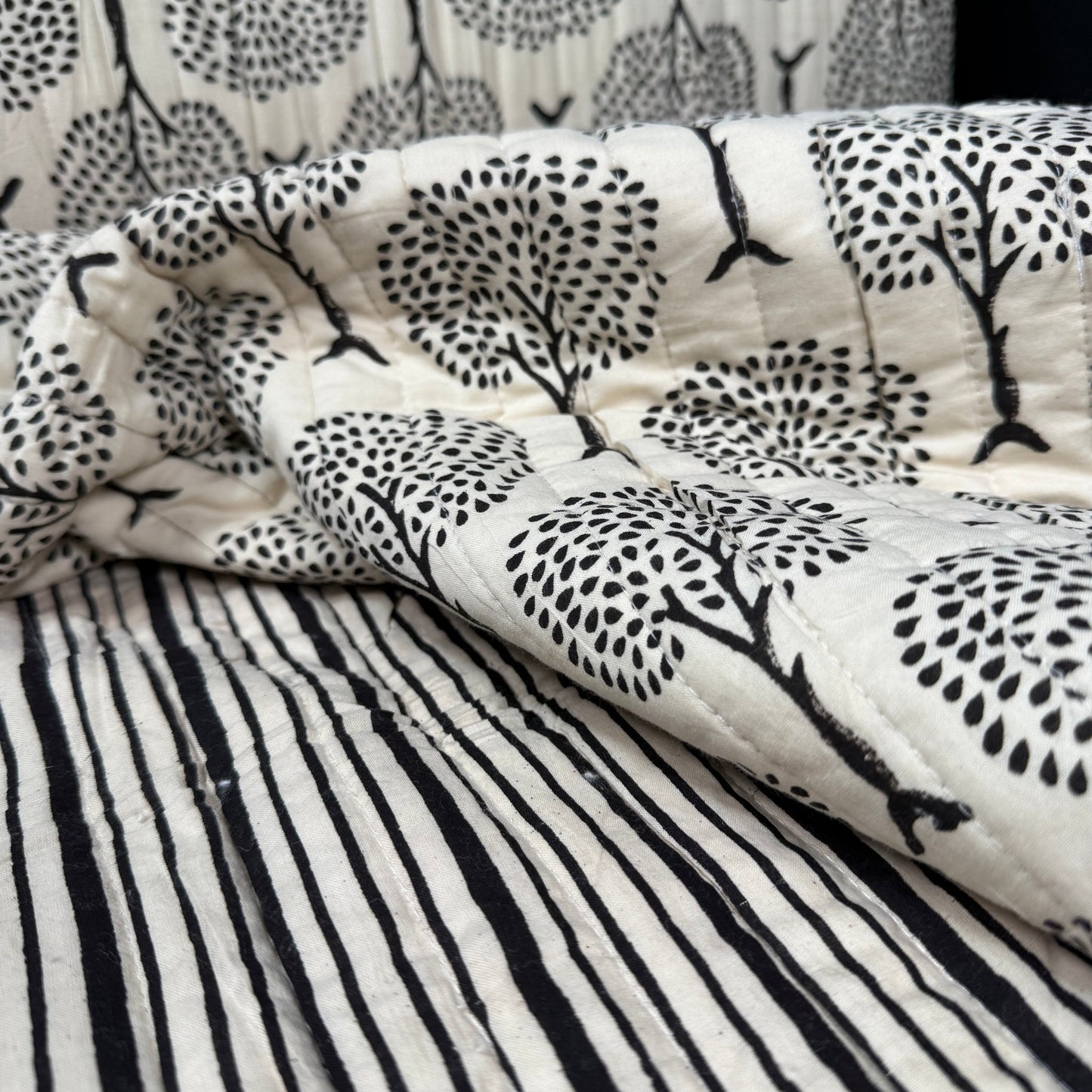 Tiny Orchard + Shadow Stripe - Quilted Bagru Indian Cotton Block Print (Reversible) - Simplifi Fabric