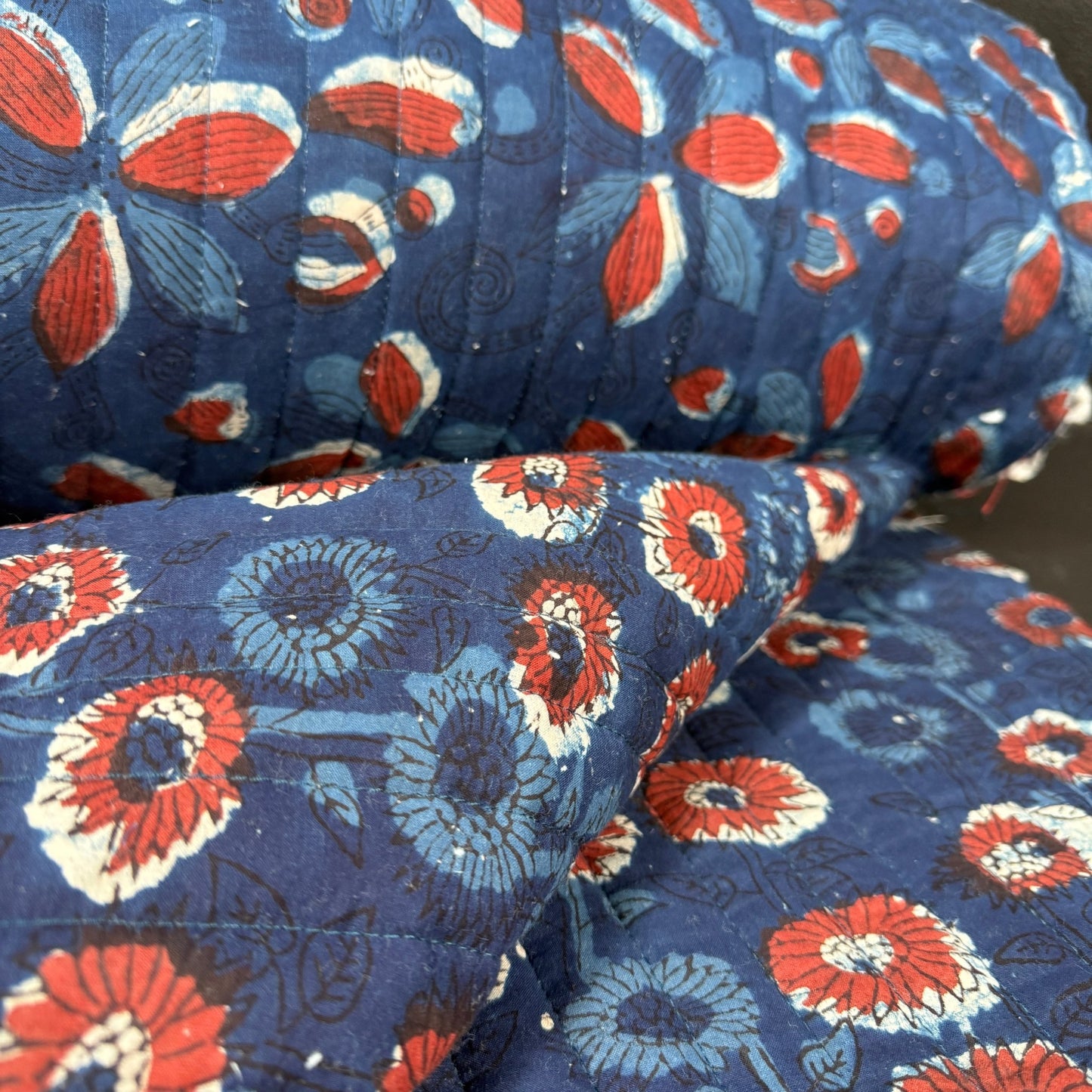 Vintage Indigo Flora + Indigo Sunburst - Quilted Bagru Indian Cotton Block Print (Reversible) - Simplifi Fabric
