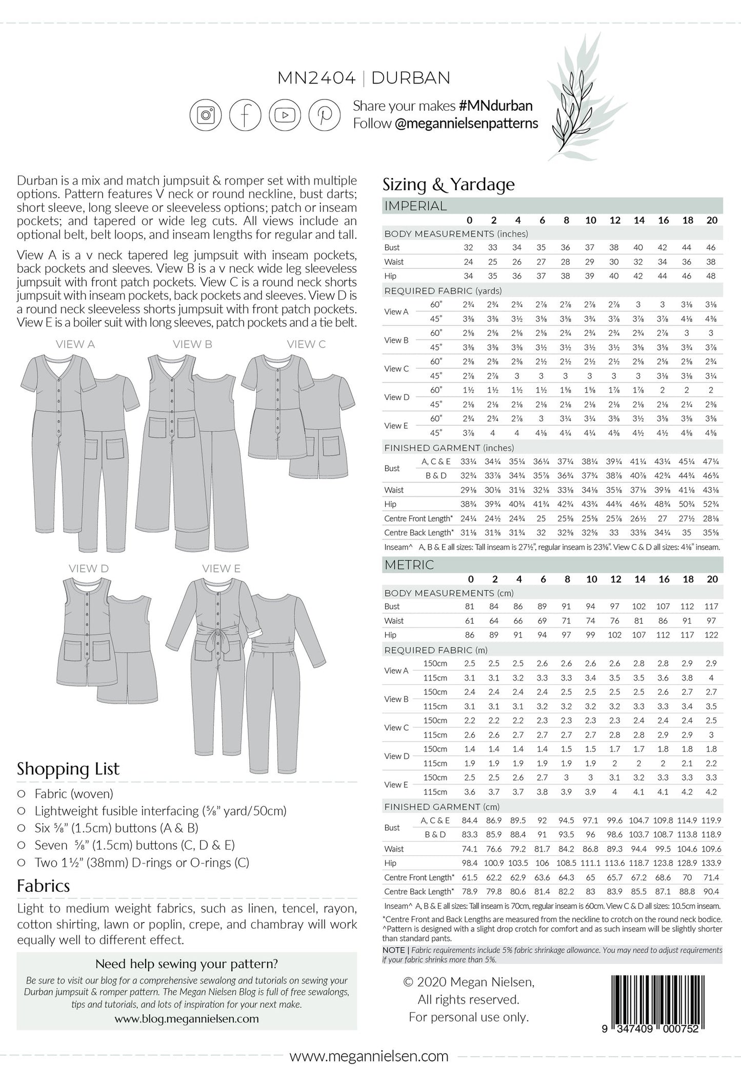 Durban Jumpsuit & Romper - Megan Nielsen Patterns - Sewing Pattern - Simplifi Fabric