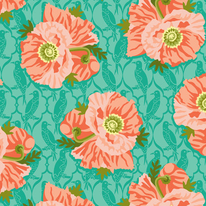 Poppy Soirée - Turquoise - Paint-By-Number Garden Party - Elle Crée - Cloud 9 Fabrics - Poplin