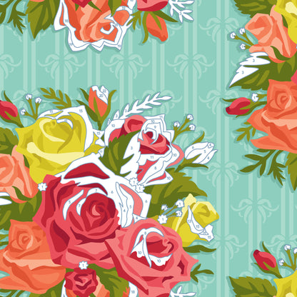 Roses Resplendent - Turquoise/Multi - Paint-By-Number Garden Party - Elle Crée - Cloud 9 Fabrics - Poplin