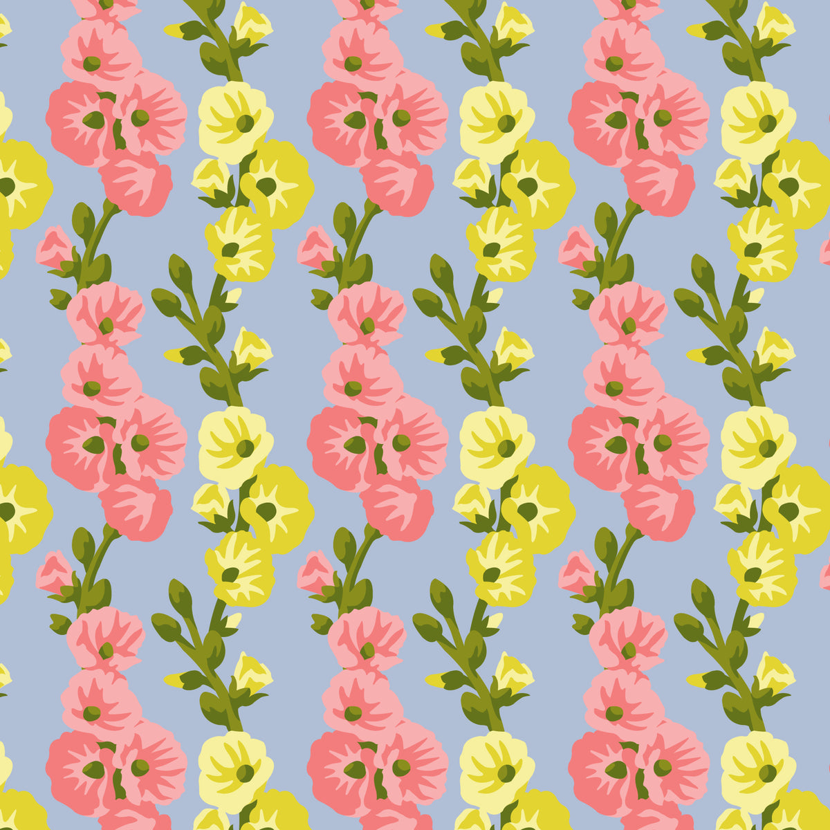 Hollyhocks In Harmony - Blue - Paint-By-Number Garden Party - Elle Crée - Cloud 9 Fabrics - Poplin