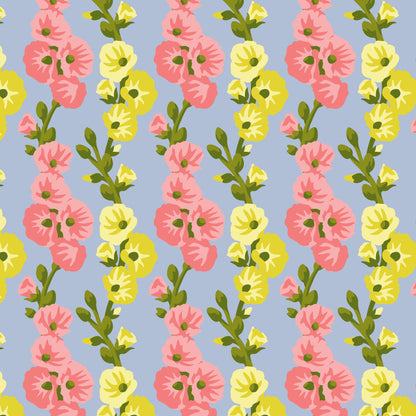 Hollyhocks In Harmony - Blue - Paint-By-Number Garden Party - Elle Crée - Cloud 9 Fabrics - Poplin