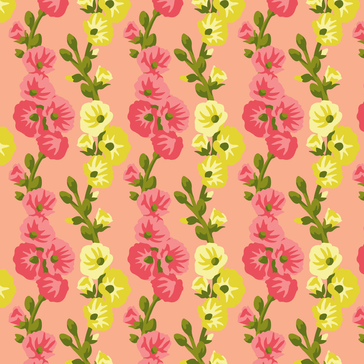 Hollyhocks In Harmony - Coral - Paint-By-Number Garden Party - Elle Crée - Cloud 9 Fabrics - Poplin