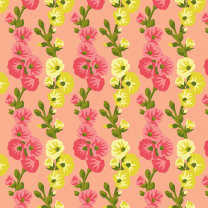 Hollyhocks In Harmony - Coral - Paint-By-Number Garden Party - Elle Crée - Cloud 9 Fabrics - Poplin