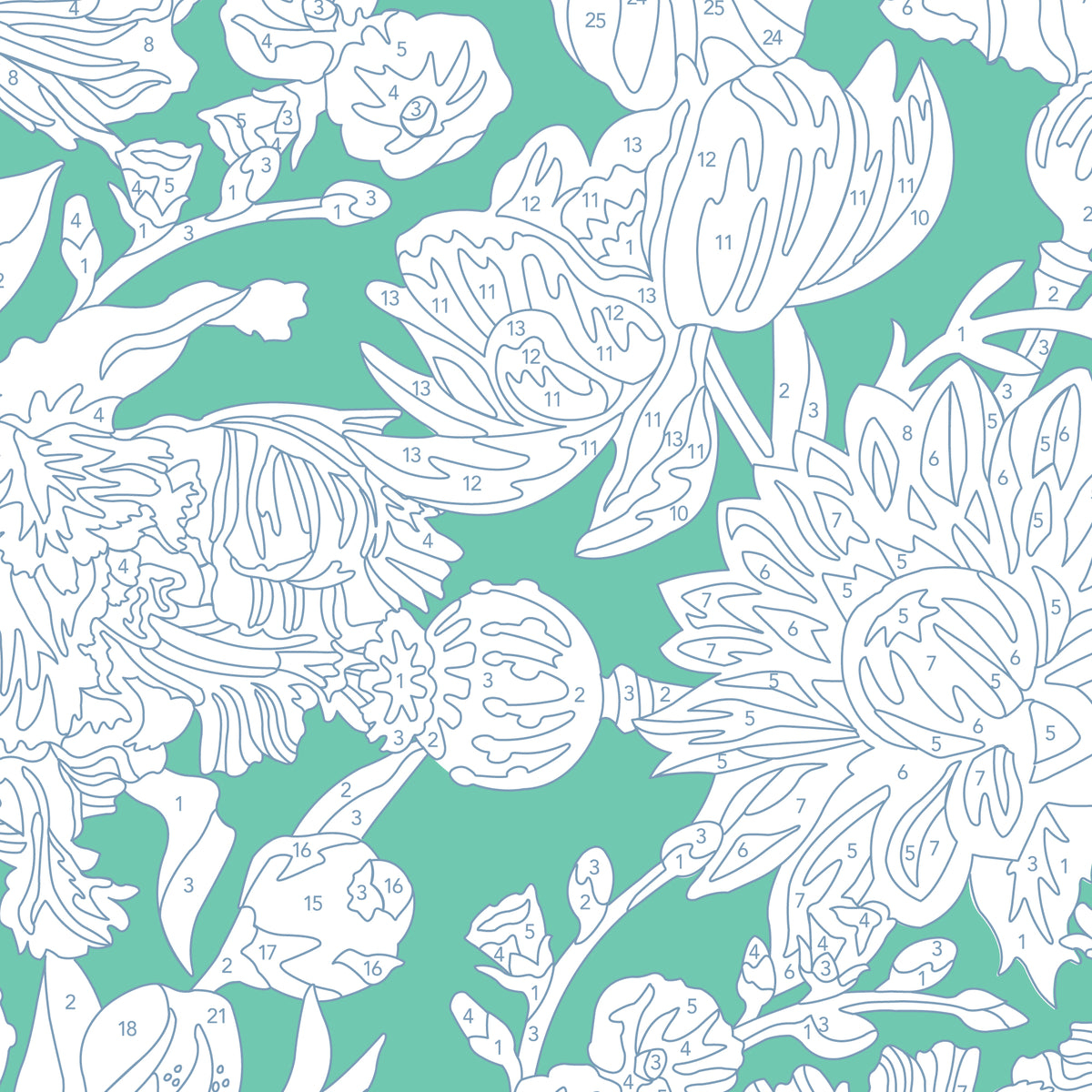 Fêtes Des Fleurs - Turquoise - Paint-By-Number Garden Party - Elle Crée - Cloud 9 Fabrics - Poplin
