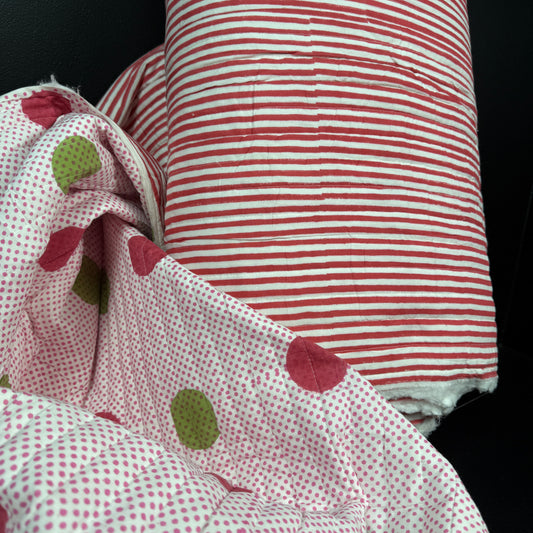 Quilted Bagru Indian Cotton Block Print featuring Candy Pop Dots and Vintage Rosewood Stripe, reversible fabric perfect for bags and home décor.