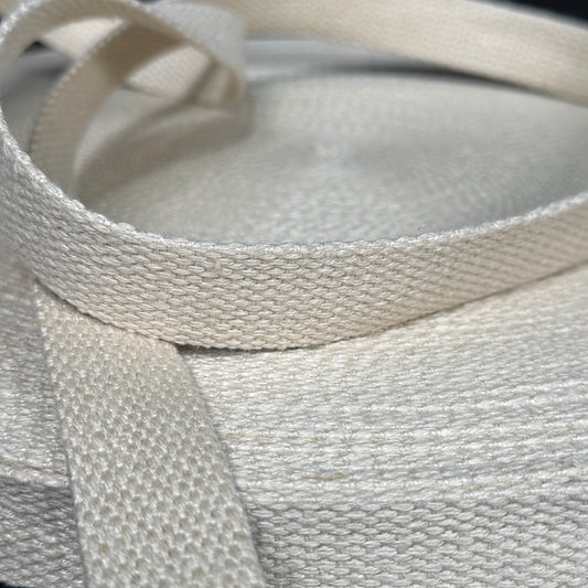 1" Hemp Webbing - Natural (undyed/unbleached) showcasing its eco-friendly and durable fabric, perfect for crafting bag straps, belts, and home decor.
