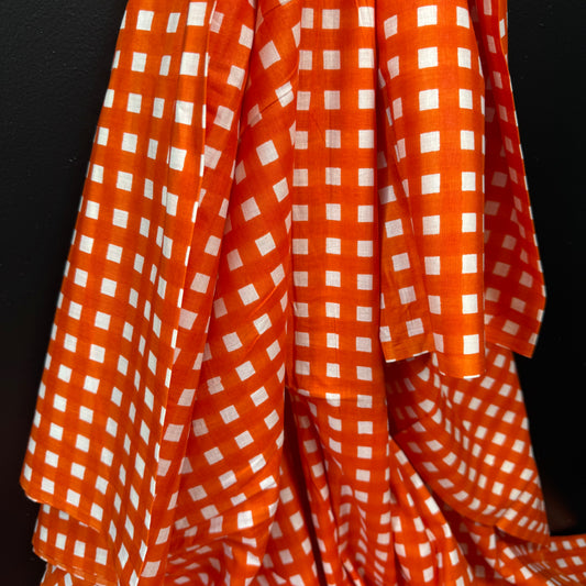 Retro Gingham Tangerine  - Bagru Indian Cotton Screen Print