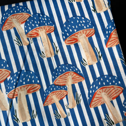 Mushroom Grove Stripe Blue - Bagru Indian Cotton Screen Print