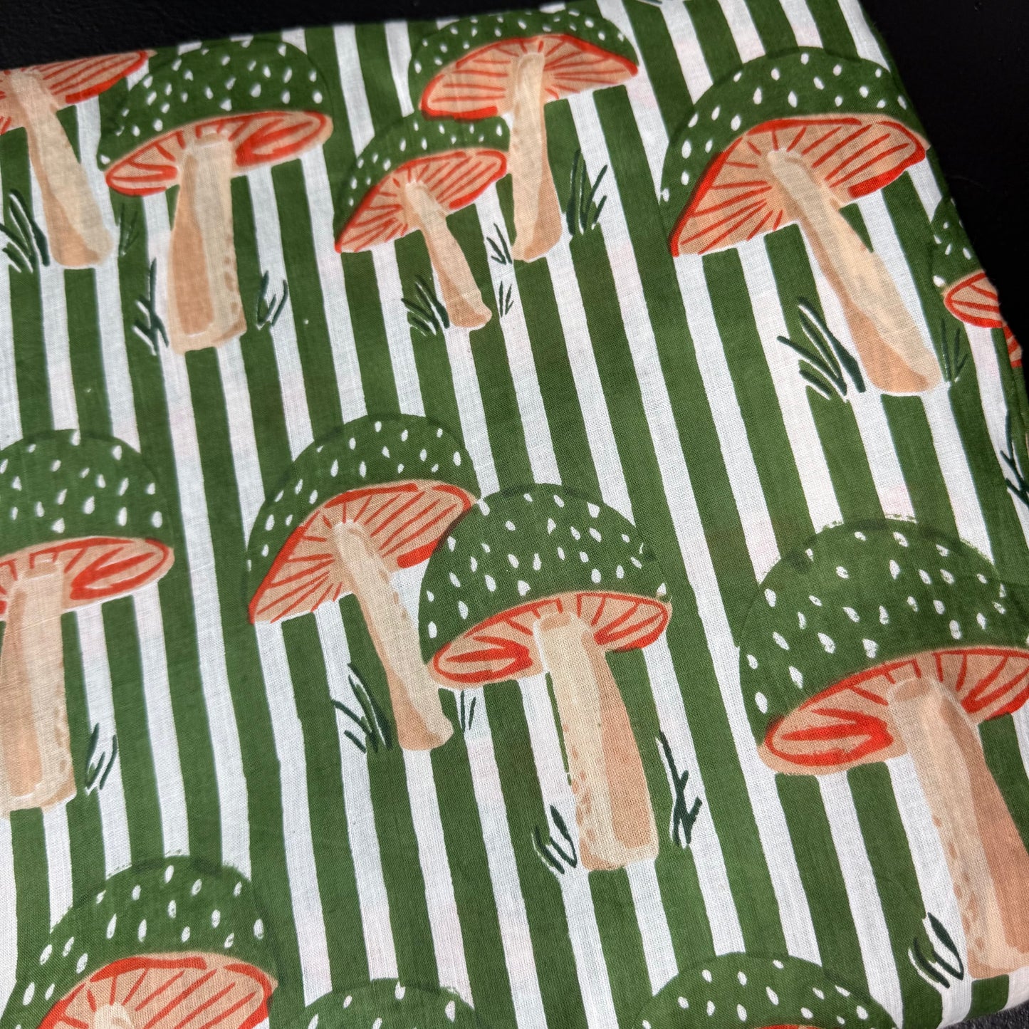 Mushroom Grove Strip Green Ivy - Bagru Indian Cotton Screen Print