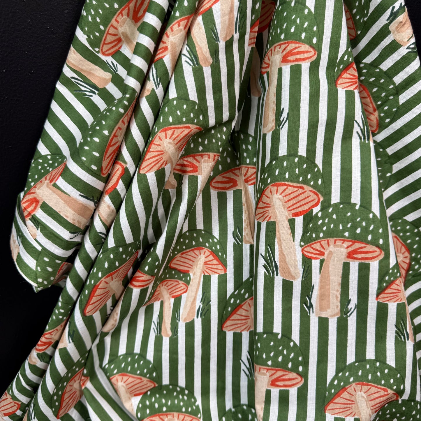 Mushroom Grove Strip Green Ivy - Bagru Indian Cotton Screen Print