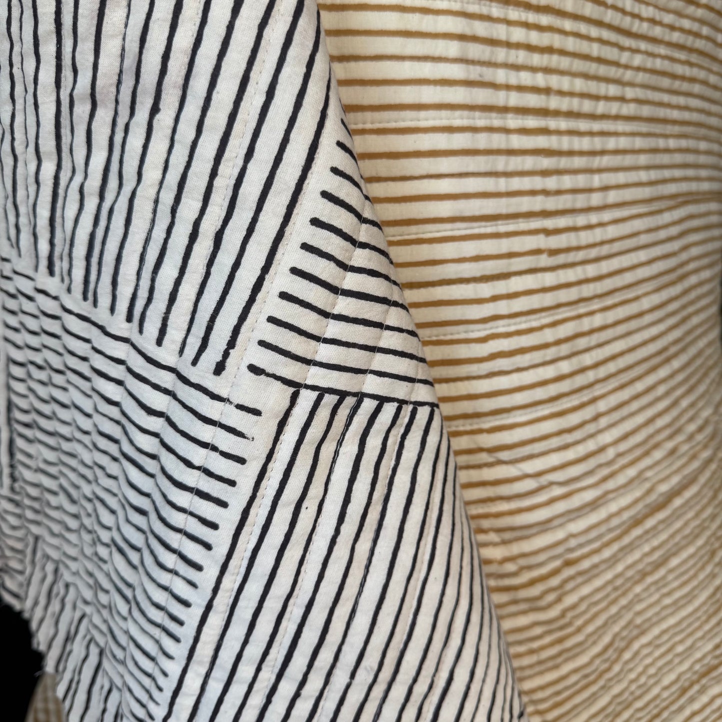 Modern Weave Black/Parchment + Sahara Lines Gold - Quilted Bagru Indian Cotton Block Print (Reversible)
