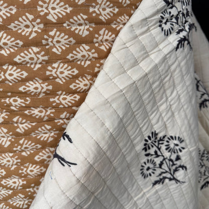 Wild Daisy Black + Block Leaf Cumin - Quilted Bagru Indian Cotton Block Print (Reversible)