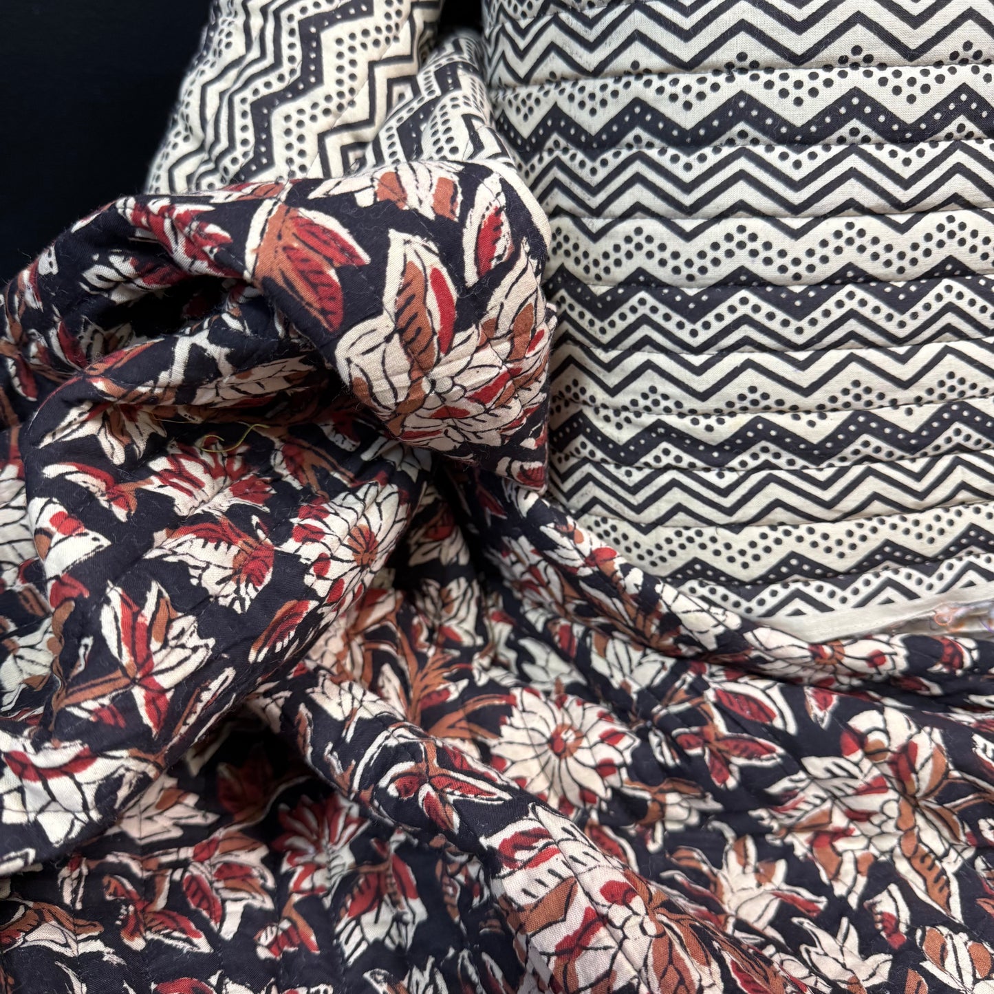 Ebony Blossom Vine + River Current Ebony - Quilted Bagru Indian Cotton Block Print (Reversible)