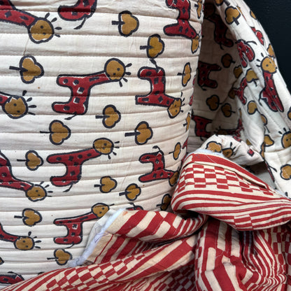 Harvest Lines Terra + Happy Safari Red - Quilted Bagru Indian Cotton Block Print (Reversible)