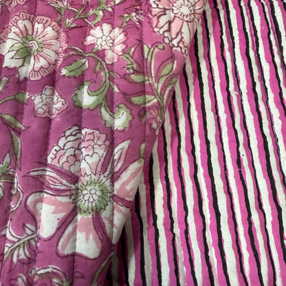 Licorice Stripes + Petal Cascade Pink - Quilted Bagru Indian Cotton Block Print (Reversible)