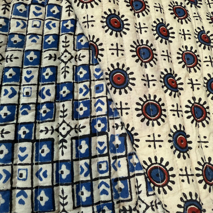 Tribal Orbit + Indigo Mosaic - Quilted Bagru Indian Cotton Block Print (Reversible)