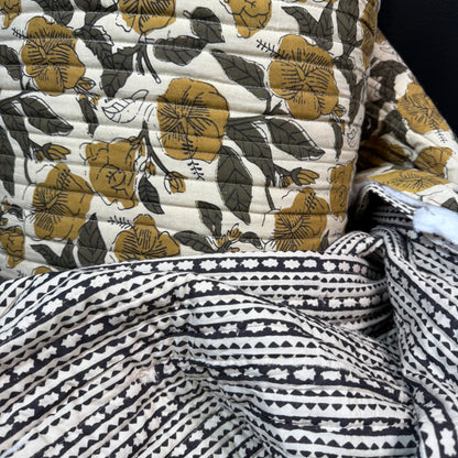 Ebony Echo + Olive Bloom Cream - Quilted Bagru Indian Cotton Block Print (Reversible)