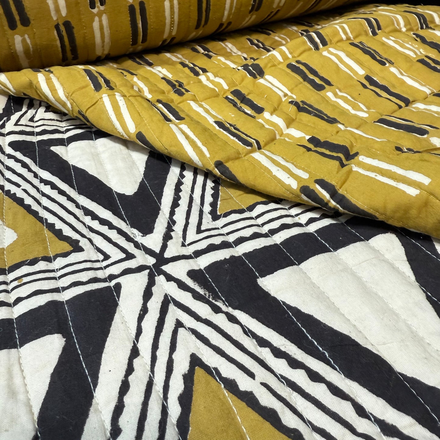 Ochre Code + Zig Delta Cumin - Quilted Bagru Indian Cotton Block Print (Reversible)