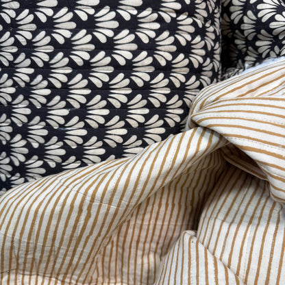 Midnight Fan + Cumin Strip - Quilted Bagru Indian Cotton Block Print (Reversible)