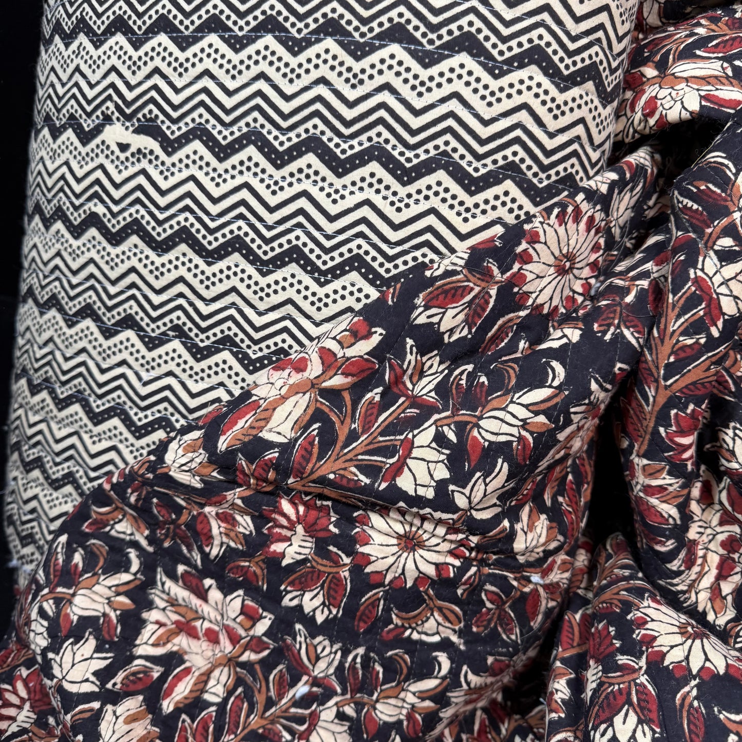 River Current + Clay Flower - Quilted Bagru Indian Cotton Block Print (Reversible)