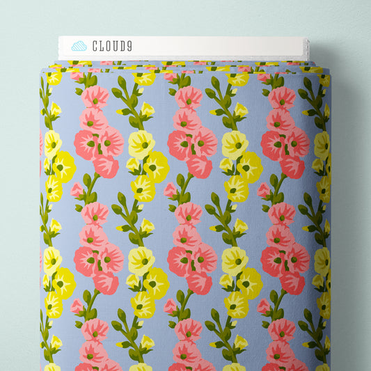 Hollyhocks In Harmony - Blue - Paint-By-Number Garden Party - Elle Crée - Cloud 9 Fabrics - Poplin