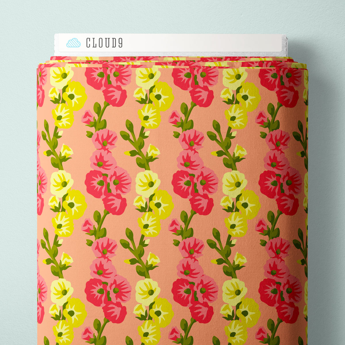 Hollyhocks In Harmony - Coral - Paint-By-Number Garden Party - Elle Crée - Cloud 9 Fabrics - Poplin