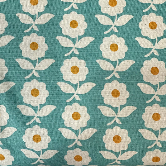 Flowers Cotton-Linen Canvas - Japanese Import - Aqua/Gold/Natural