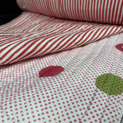 Candy Pop Dots + Vintage Rosewood Stripe - Quilted Bagru Indian Cotton Block Print (Reversible) - Simplifi Fabric