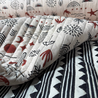 Desert Doodle + Geo Ridge Stripe - Quilted Bagru Indian Cotton Block Print (Reversible) - Simplifi Fabric