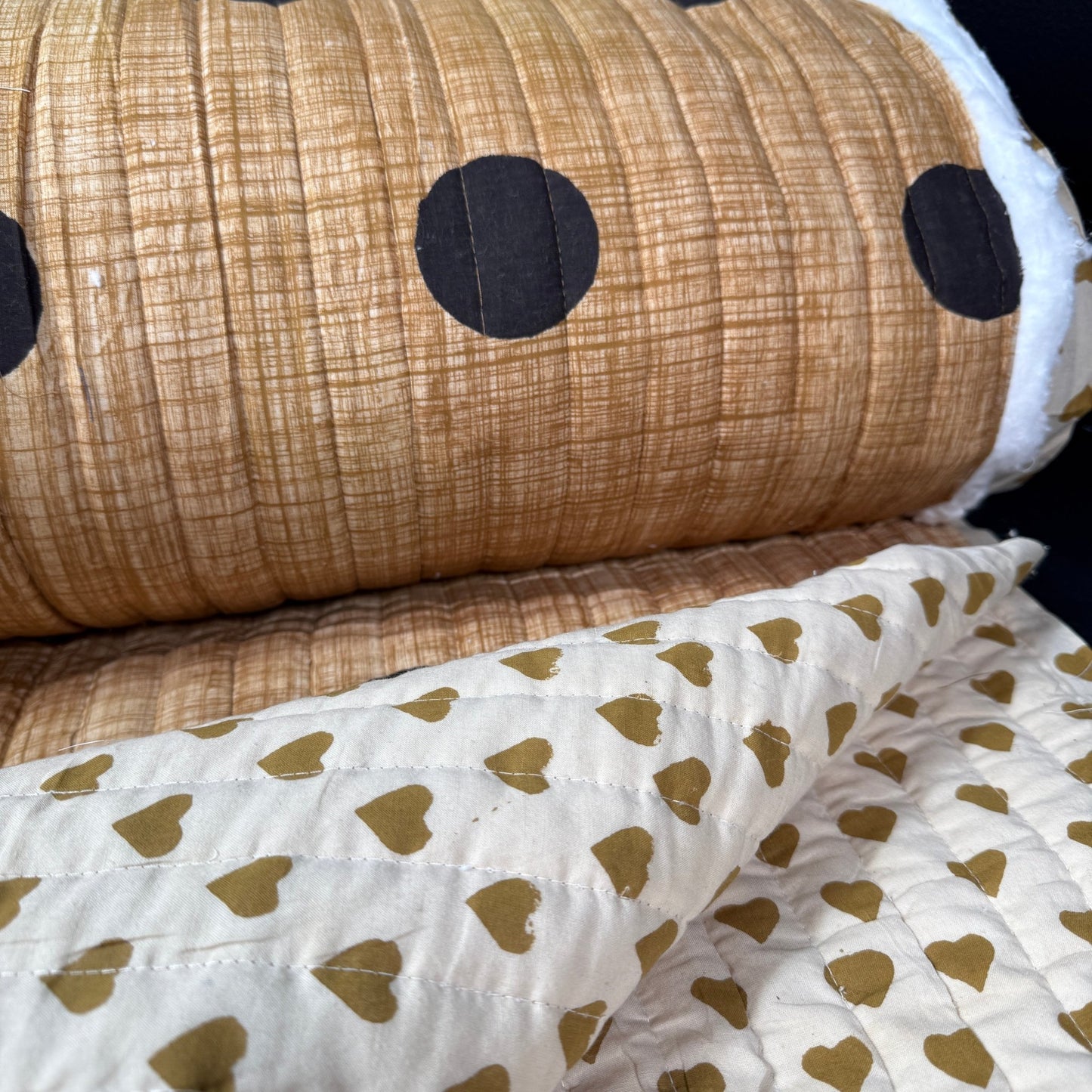 Earthen Polka + Golden Hearts - Quilted Bagru Indian Cotton Block Print (Reversible) - Simplifi Fabric
