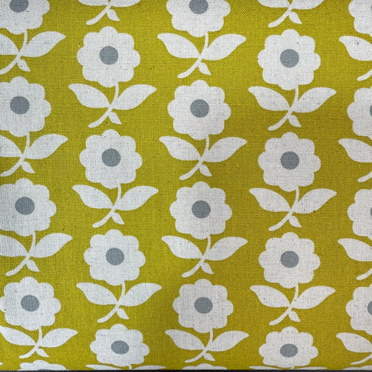 Flowers Cotton-Linen Canvas - Japanese Import - Green Tea/Grey/Natural