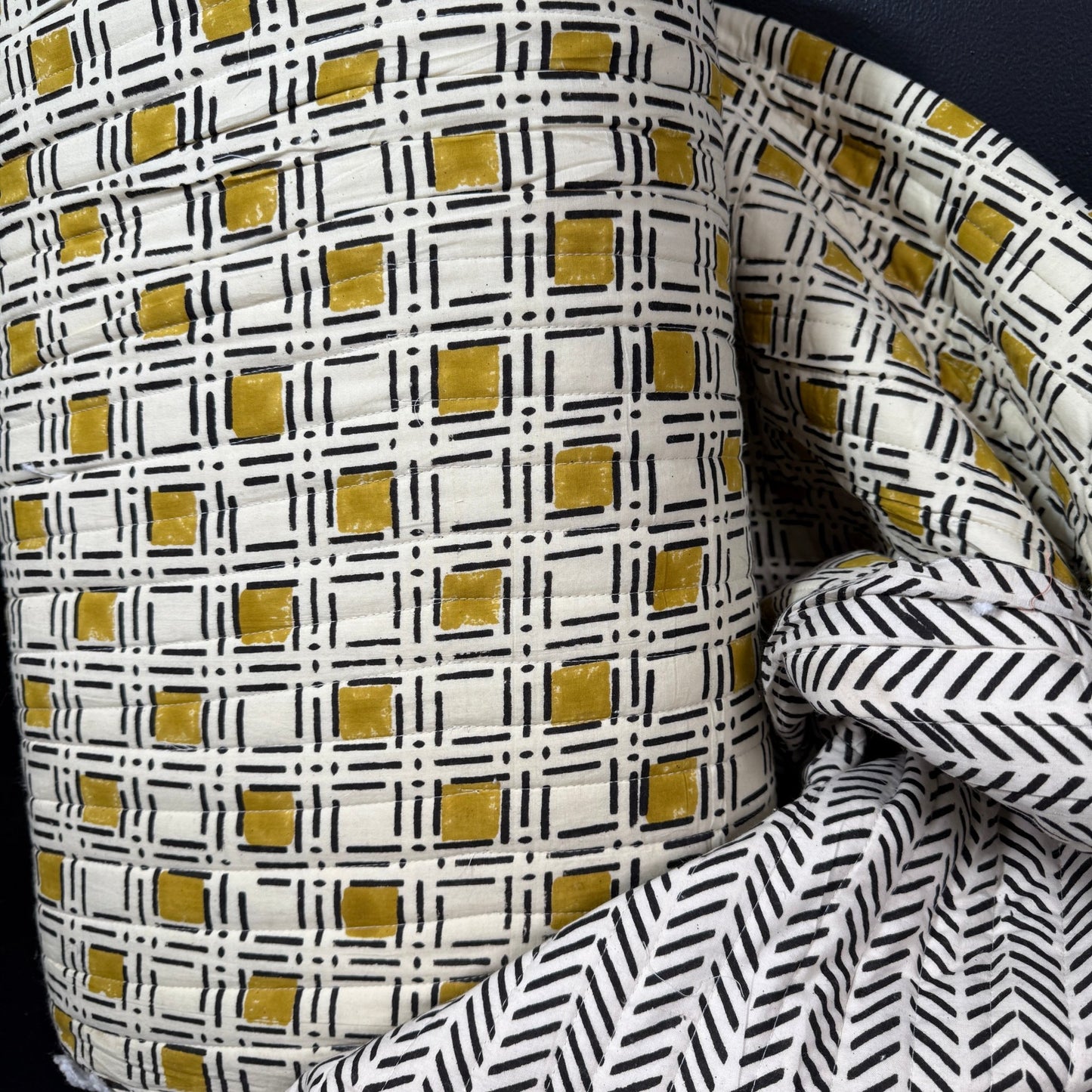 Modern Blockwork + Boho Herringbone - Quilted Bagru Indian Cotton Block Print (Reversible) - Simplifi Fabric
