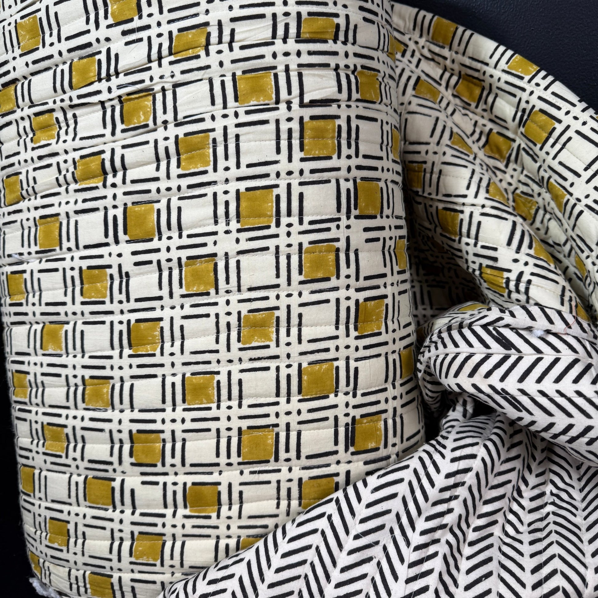 Modern Blockwork + Boho Herringbone - Quilted Bagru Indian Cotton Block Print (Reversible) - Simplifi Fabric
