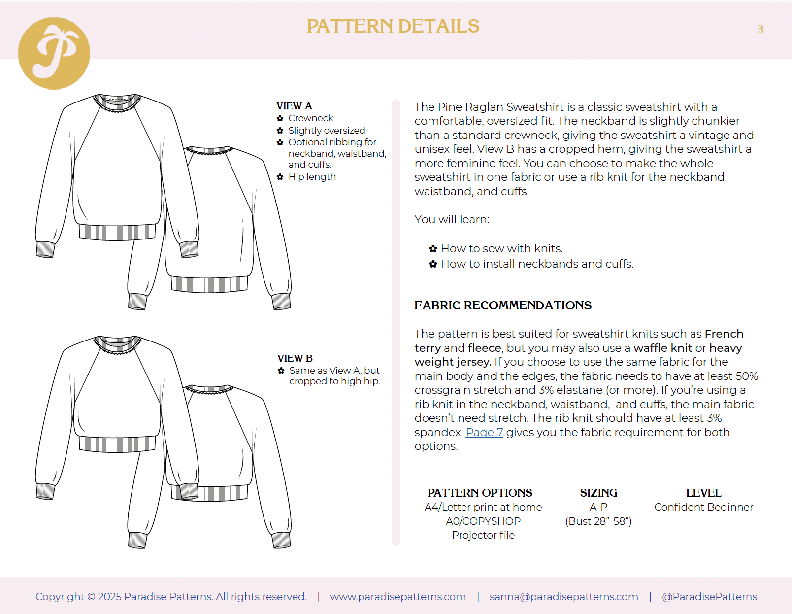 Pine Raglan PDF Pattern - Paradise Patterns - Simplifi Fabric
