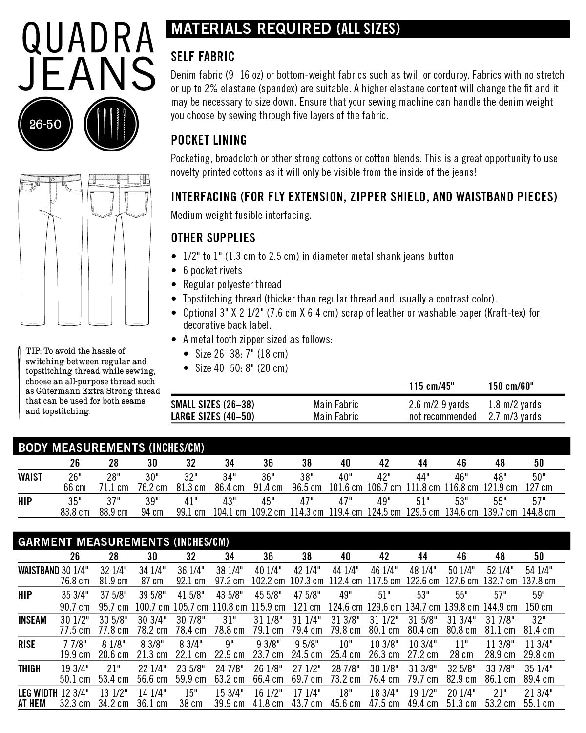 Quadra Jeans Mens PDF Sewing Pattern - Thread Theory - Simplifi Fabric