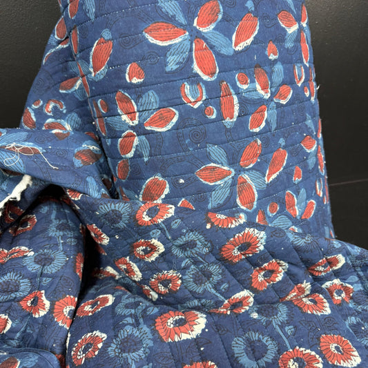 Vintage Indigo Flora + Indigo Sunburst - Quilted Bagru Indian Cotton Block Print (Reversible) - Simplifi Fabric