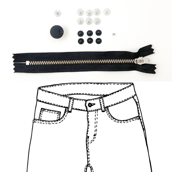 Jeans Hardware Kit - REFILL KIT -  Black Zipper / Matte Black Enamel Hardware - Kylie And The Machine